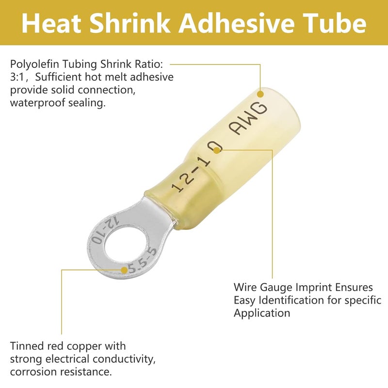 PRECIHW Heat Shrink Ring Terminals #10 AWG 12-10, 100 PCS Insulated Electrical Connectors, Eyelet Wire Connectors, Marine Grade Ring Terminals for Automotive, Audio - Image 4